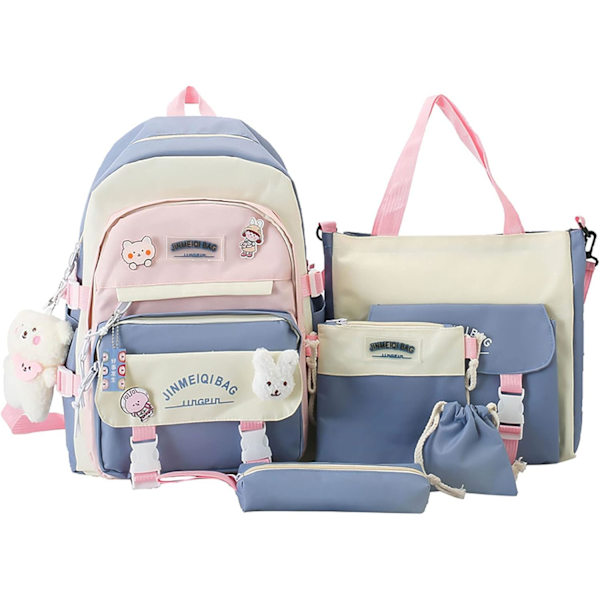 Kawaii ryggsekksett med 5 deler estetisk ryggsekk for skole tenåringsjenter daglige nødvendigheter med sjarm og pins, pennal, tote bag, liten veske.