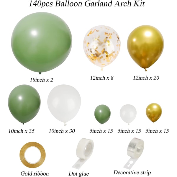 Sage Green Balloon Garland Arch Kit Oliivinvihreä Kulta Valkoiset Ilmapallot Baby Shower Syntymäpäiväjuhliin hääkoristeisiin