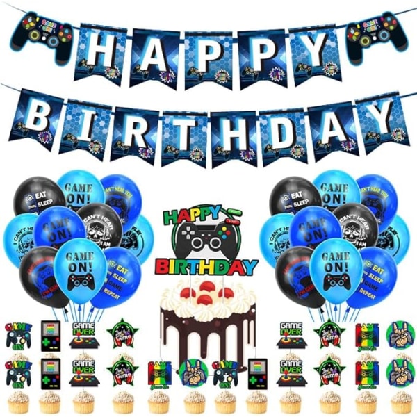 TV-spelsfesttillbehör som födelsedagsdekoration för pojkar - inklusive HAPPY BIRTHDAY Gamer-banner, kontrollballonger, 20 st latexballonger