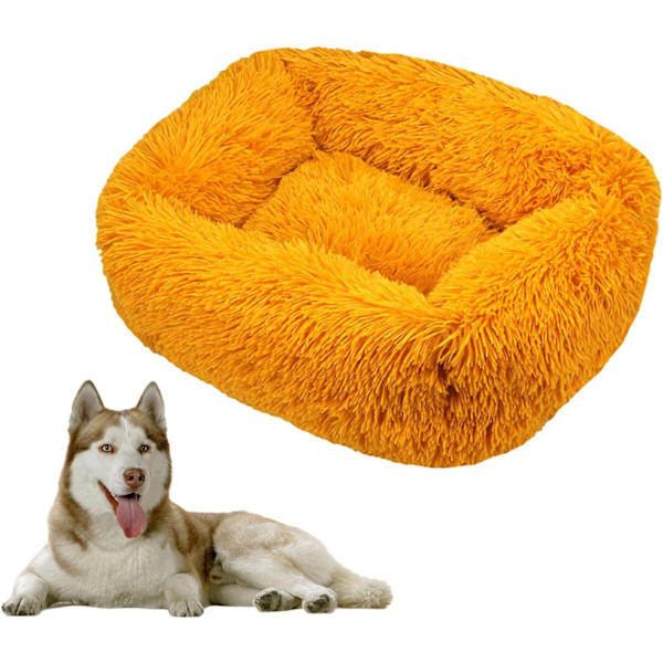 Rektangulär hundkorg hundkudde plysch kattbädd, tvättbar kattkudde plysch husdjursbäddskudde lämplig varm för användning höst vinter (M, orange)