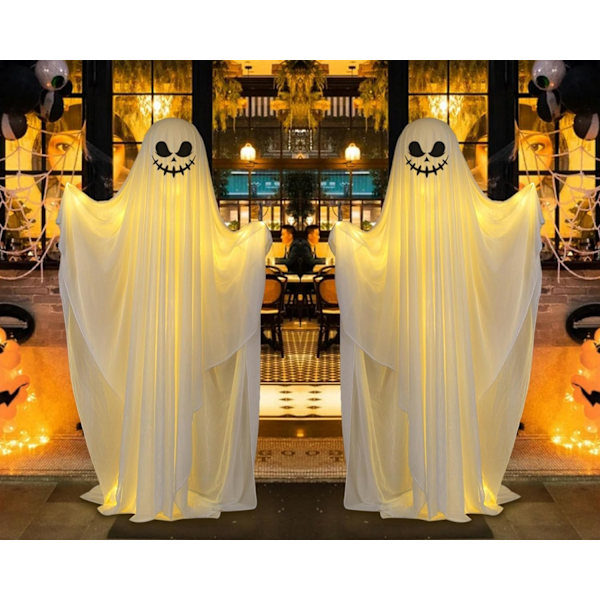 2 kpl suurta valaistua valkoista kangaspeikkoa, 5,4 jalan korkea valkoinen peikko, 30 LED-valosarjalla Halloween-kodin pihanurmikon juhlan koristelu (pelottava)
