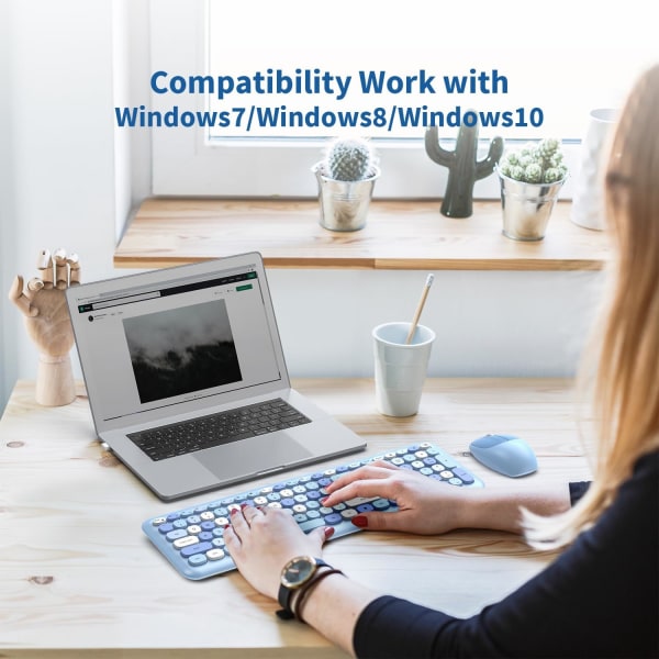 Langaton näppäimistö ja hiiri -yhdistelmä, 2,4 GHz:n täysikokoinen värikäs söpö näppäimistöhiirisetti, jossa retrokirjoituskoneen joustavat pyöreät näppäimet (B-sininen värikäs)