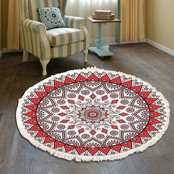 Vintage Bohemian puuvillapyöreä matto - Mandala-kuvio konepestävä tyyli pompomeilla makuuhuoneeseen, eteiseen, olohuoneeseen, sohvapöytään 60cm kukat