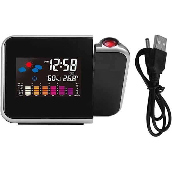 Takalarmklokke med projektor, digital alarmklokke, LED-vekkerklokke med LCD-tidsstasjon, svart