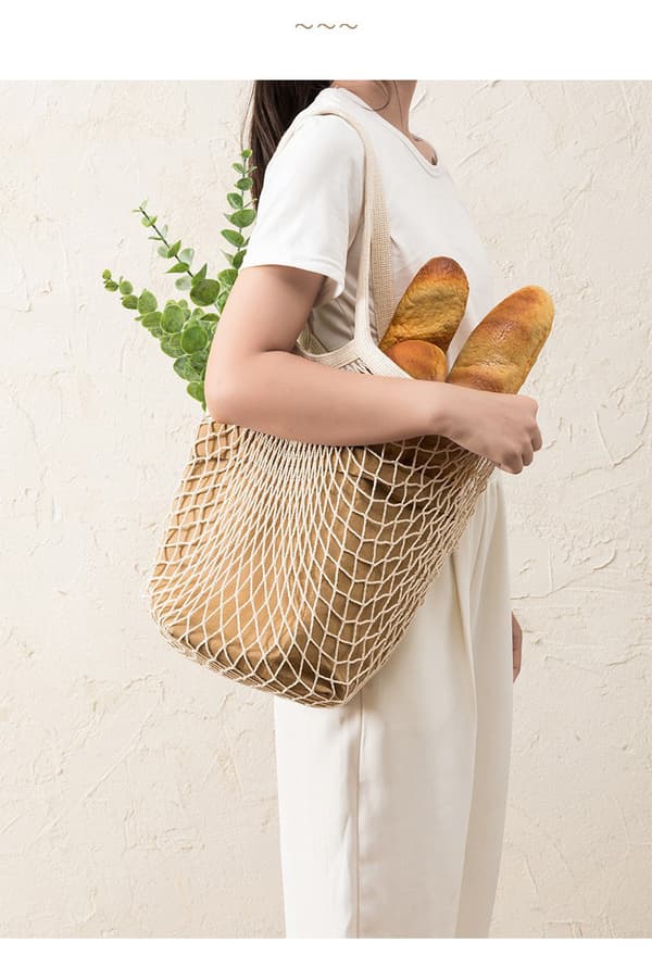 3-pack Mesh Bomullsrep Shoppingväskor (30*35*10cm), Återanvändbar Mesh