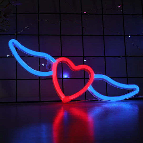 Neon skyltar väggdekor batteridriven eller USB-driven för bröllop födelsedagsfest sovrum bordspresent barnleksaker dekor dekorationer (blå vingar + rött hjärta)