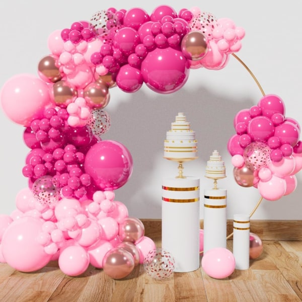 Rosa ballongbue-kranssett 142 stk, rosa ballongkranssett metallisk rosegull konfettiballonger.