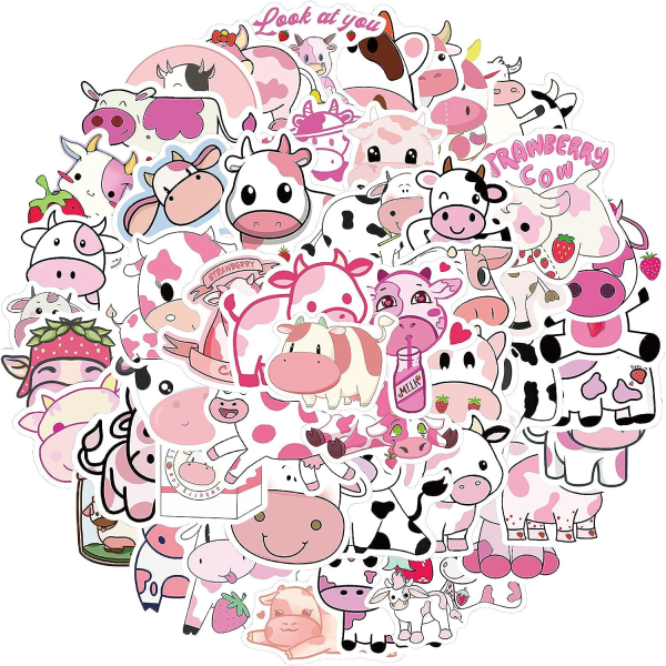 Söpö vaaleanpunainen lehmä tarra Kawaii tarrat juhliin Vinyyli vedenpitävät sarjakuvaeläintarrat vesipulloon, kannettavaan tietokoneeseen, kirjekuoriin, askarteluun Scrapbooking 50 kpl