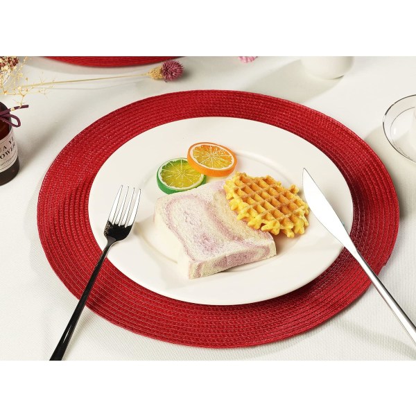 Set med 6 runda bordstabletter, värmebeständiga tvättbara bordstabletter Plastunderlägg för kök, röd