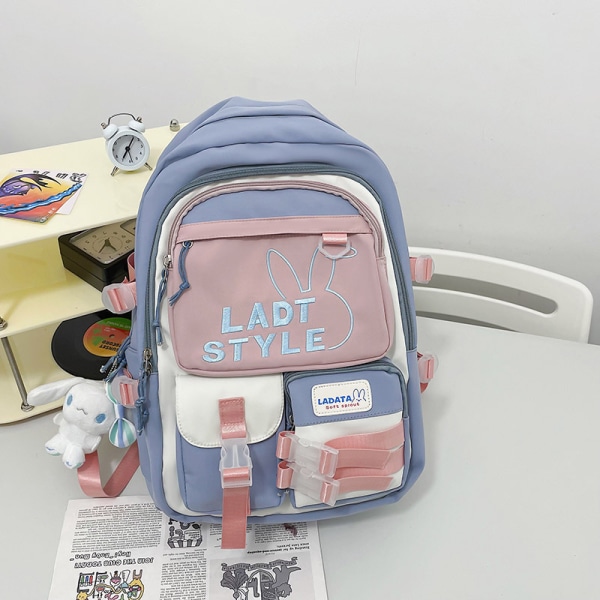 Rygsæk letvægts skoletaske skoletaske vandtæt gymnasieelev rygsæk teen-Blå Pink+vedhæng