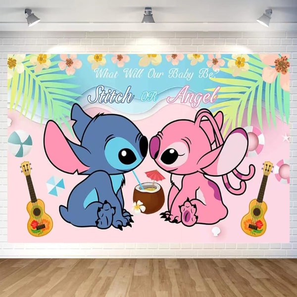 6*4 ft, Lilo og Stitch baggrund Polyester stof Køn afsløre baggrund 6x4 ft Han eller hun Baby shower Blå eller lyserød Dreng eller pige Fotografering