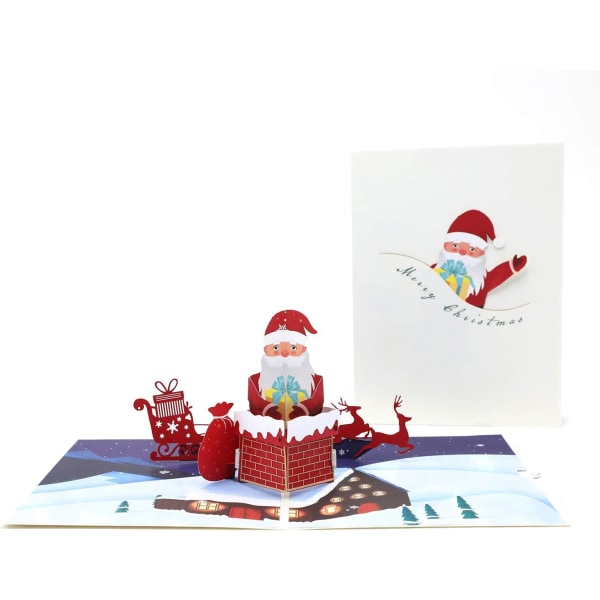 Julekort 3D Julenissen klatrer i skorsteinen Julepoppkort, håndlagde 3D julehilsenskort til vinter, ferie, julegave | 6''× 8''