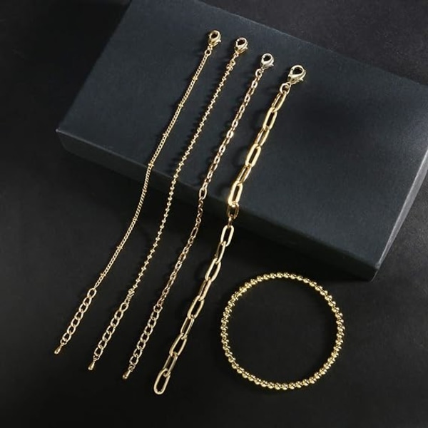 Guld kæde armbåndssæt til kvinder piger 14K guldbelagt Dainty Link Paperclip armbånd Stake justerbar lagdelt metal kæde armbåndssæt