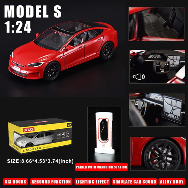 Model S Legetøjsbiler 1/24 Legering Støbt Modelbil, Træk Tilbage Model S Modelbil med Lys og Lyd, Tesla Stor Model S Bilmodel Legetøj Velegnet (Rød)