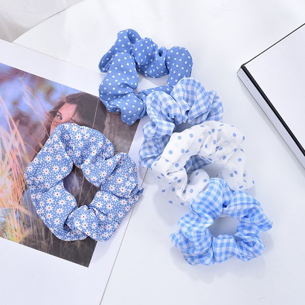 Blå Ternet Hår Scrunchies til Kvinder, Bandana Scrunchies, 5PCS Bandana Scrunchy Hår Elastikker, Scrunchies Hår Elastikker til Kvinder. (Blå Ternet)