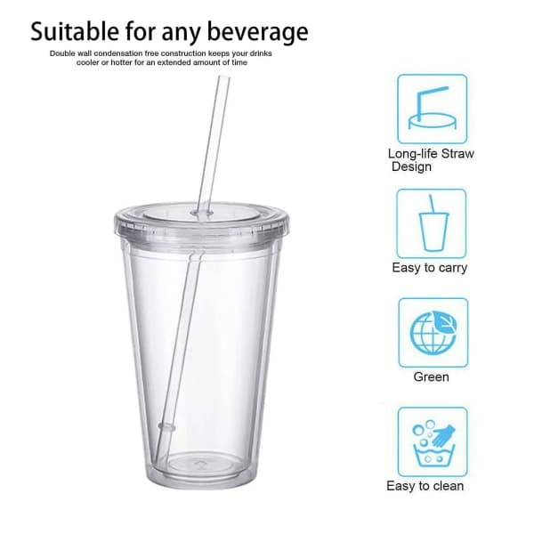 Reusable Plastic Cups Double Wall Transparent Drinking Cup With Straw Reusable Cups Suitable For Fruit Juice
