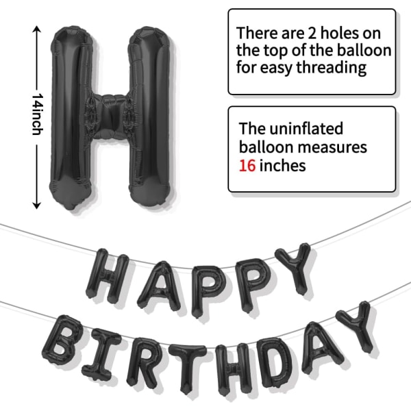 Musta Happy Birthday Balloons -banneri, 16 tuuman Mylar-folioilmapallokirjaimet syntymäpäiväkylttibanneri, uudelleenkäytettävät syntymäpäiväilmapallot -pakkaus syntymäpäiväkoristeet