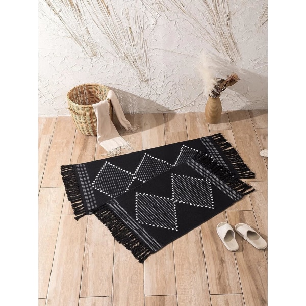 Boho Kitchen Rug, Washable, Black, with Woven Pompoms, Cotton, Soft, Rectangular, for Hallway, Laundry Room (Black, 60 x 90 cm)