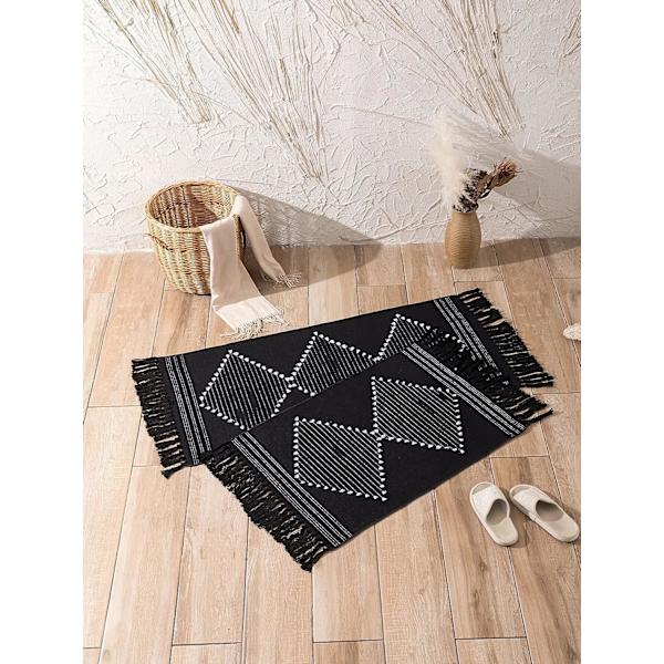 Boho køkkentæppe, vaskbart, sort, med vævede pomponer, bomuld, blødt, rektangulært, til entre, vaskerum (sort, 60 x 90 cm)