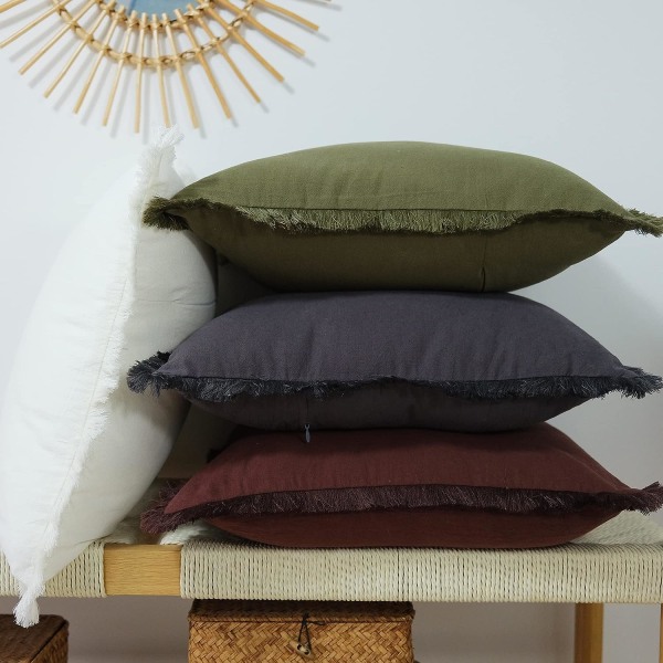 Paket med 2 dekorativt cover i naturligt linne med tofskanter Farmhouse Boho fransar fyrkantigt case för soffa (grön, 20 x 20 tum)