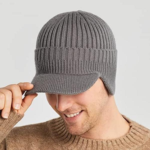 Herrar Vintermössa med Varm Foder, Herrar Stickad Fleece Mössa, Herrar Varma Vintermössor med Öronlappar för Utomhusaktiviteter, Grå