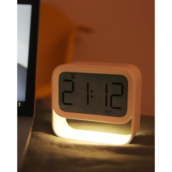 Digital väckarklocka med timer, nattlampa, reseväckarklocka, vit, liten sängklocka, batteridriven, dimbar timer, snooze-funktion