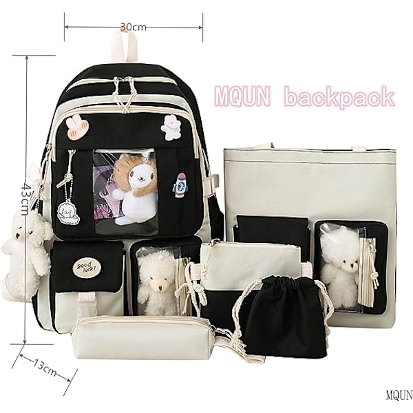Kawaii Ryggsäck set 5 st Estetiska Skolväska söt ryggsäck set med Hänge Lunchväska, Pennfodral, Handväska, Myntväska-svart