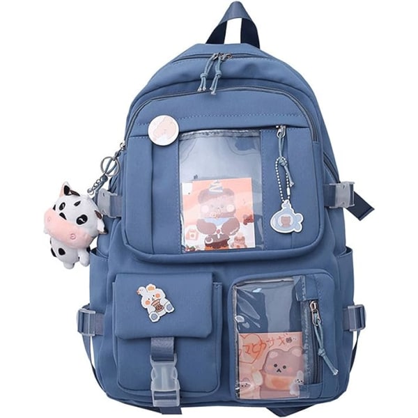 Kawaii ryggsäck med söt nål Tillbehör Plyschhänge Kawaii skolryggsäck Söt estetisk ryggsäck-blå