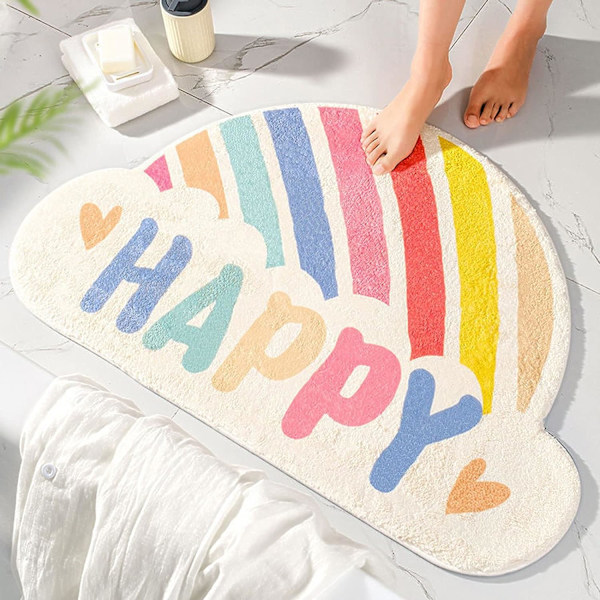 Regnbue bademåtte, sød absorberende skridsikker bademåtte med regnbue mønster, måtte til bad og brusebad-Happy||15.7x23.6''