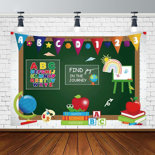 Tilbake til skolen Bakgrunn Elever Portrett Bakgrunn ABC Bokstaver Tavle Globus Fest Bakgrunner Skole Hjemkomst Foto, 7x5ft