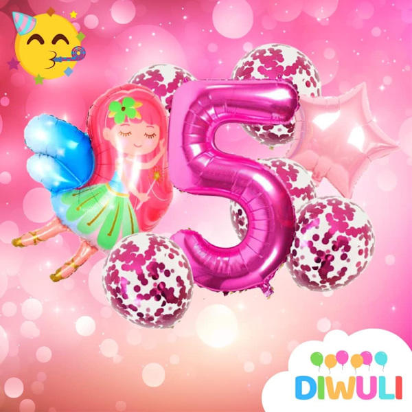 Dekorationer för älvafödelsedag - Nummer 5 ballong rosa, älvafestdekorationer, älvafödelsedagsfestdekorationer, festtillbehör 5-årsfest