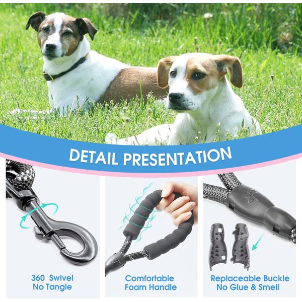 Hundehalsbånd med komfortabelt polstret håndtak og svært reflekterende tråder for små, mellomstore og store hunder (6FT-1/2'', svart)