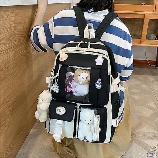 Kawaii Ryggsäck set 5 st Estetiska Skolväska söt ryggsäck set med Hänge Lunchväska, Pennfodral, Handväska, Myntväska-svart