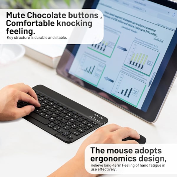 Ultra-tynn Bluetooth-tastatur, bærbar mini trådløst tastatur, oppladbar for iPad-nettbrett (10 tommer svart)