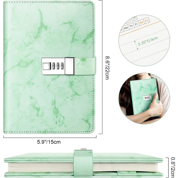 Marmordagbok med lås, påfyllningsbar A5-dagbok för tjejer och kvinnor, 192 sidor söt anteckningsbok med kombinationslås - grön