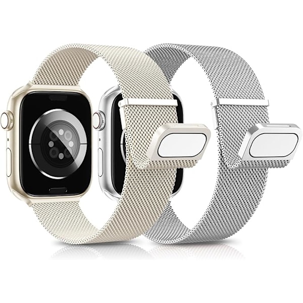 2 kpl rannekkeita yhteensopivia Apple Watch -rannekorun kanssa, kaksoismagneettinen säädettävä ruostumattomasta teräksestä valmistettu metalliranneke yhteensopiva iWatch-rannekorun Se Ultra -sarjan kanssa Starlight + Silver 42/44/45/49mm