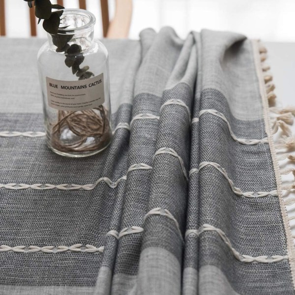 Solid duk i bomull og lin for rektangulære bord Duk med solid gitterbroderi. (140 x 180 cm, grå)