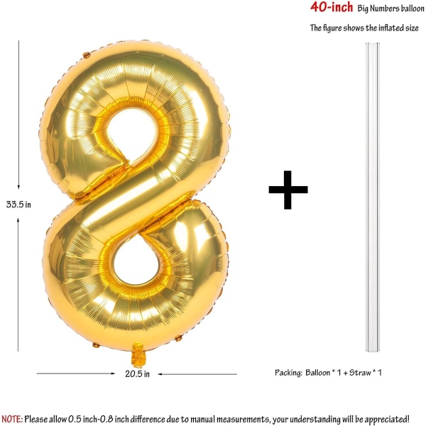 2 kpl 40 tuuman kultanumeroisia heliumfolio-syntymäpäiväjuhlien ilmapalloja (kulta 8)