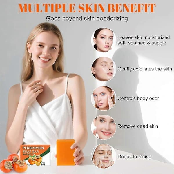3-pack persimmon soap, handmade bath soap, removes body odor, natural deodorizing and moisturizing organic cleanser.