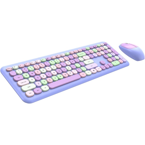 Trådløst tastatur og mus-kombinasjon, 2,4 GHz fargerik søt tastaturmus i full størrelse med retro skrivemaskin Fleksible runde taster Lilla Fargerik