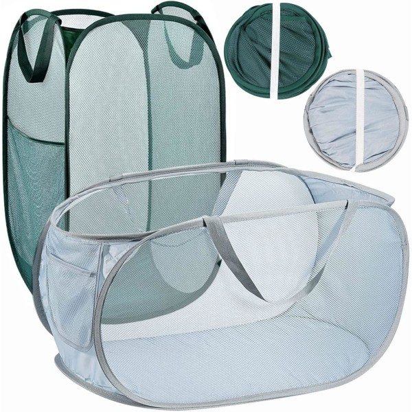 2-pack hopfällbar mesh , rund med handtag Pop-up tvättkorgar för smutsiga kläder Tillbehör Organizer, ljusgrå och grön