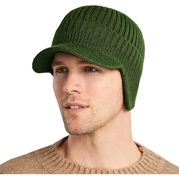 Herre Vinterhue med Varm For, Herre Strikket Fleece Hat, Herre Varm Vinterhatte med Ørevarmere til Udendørsaktiviteter, Army Grøn