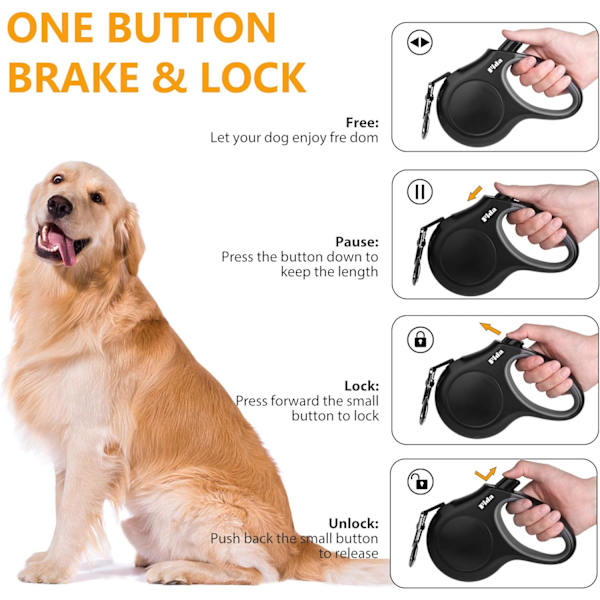 Inntrekkbar hundekobbel med dispenser og hundeposer, 16 fot hundekobbel, sklisikkert mykt håndtak, flokefritt, reflekterende nylonbånd (S, svart)