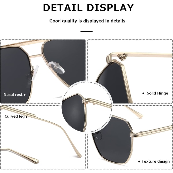 Polariserte solbriller Dame Menn Retro Oversized Square Vintage Fashion Shades Klassiske store metallsolbriller