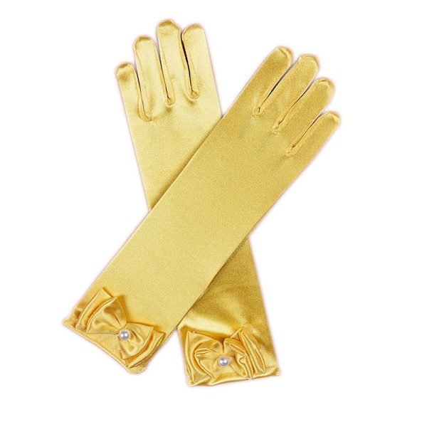 Lille jente prinsessehansker (ensfarget lang albue lengde) for bursdag, bryllup, ferie, kostymefest, gul