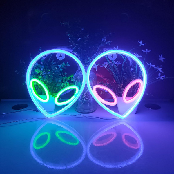 Alien neonskylt, USB eller 3-AA batteridrivet neonljus, LED-bordsdekoration, sovrumsväggdekoration, födelsedagspresent (blå+rosa)