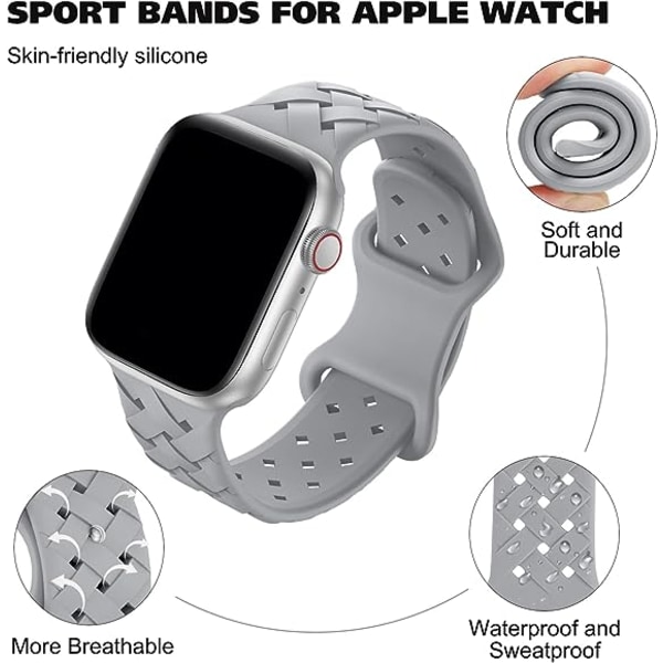 Silikonflätade vävband Kompatibel med Apple Watch 42mm 44mm 45mm 49mm, Ersättningssilikon Sport Andningsrem för kvinnor Män-Grå