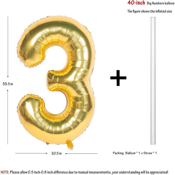 2 kpl 40 tuuman kultanumeroisia heliumfolio-syntymäpäiväjuhlien ilmapalloja (kulta 3)