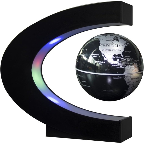 C-form magnetisk levitasjon flytende globus med LED-lys, verdenskart for skrivebordsdekorasjon (svart-sølv) Amerikansk standard strømforsyning (USA)
