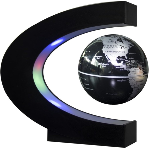 C Shape Magnetic Levitation Flytande Globe med LED-lampor, Världskarta för skrivbordsdekoration (Svart-Silver) Brittisk standard med tre platt kontakt (UK)